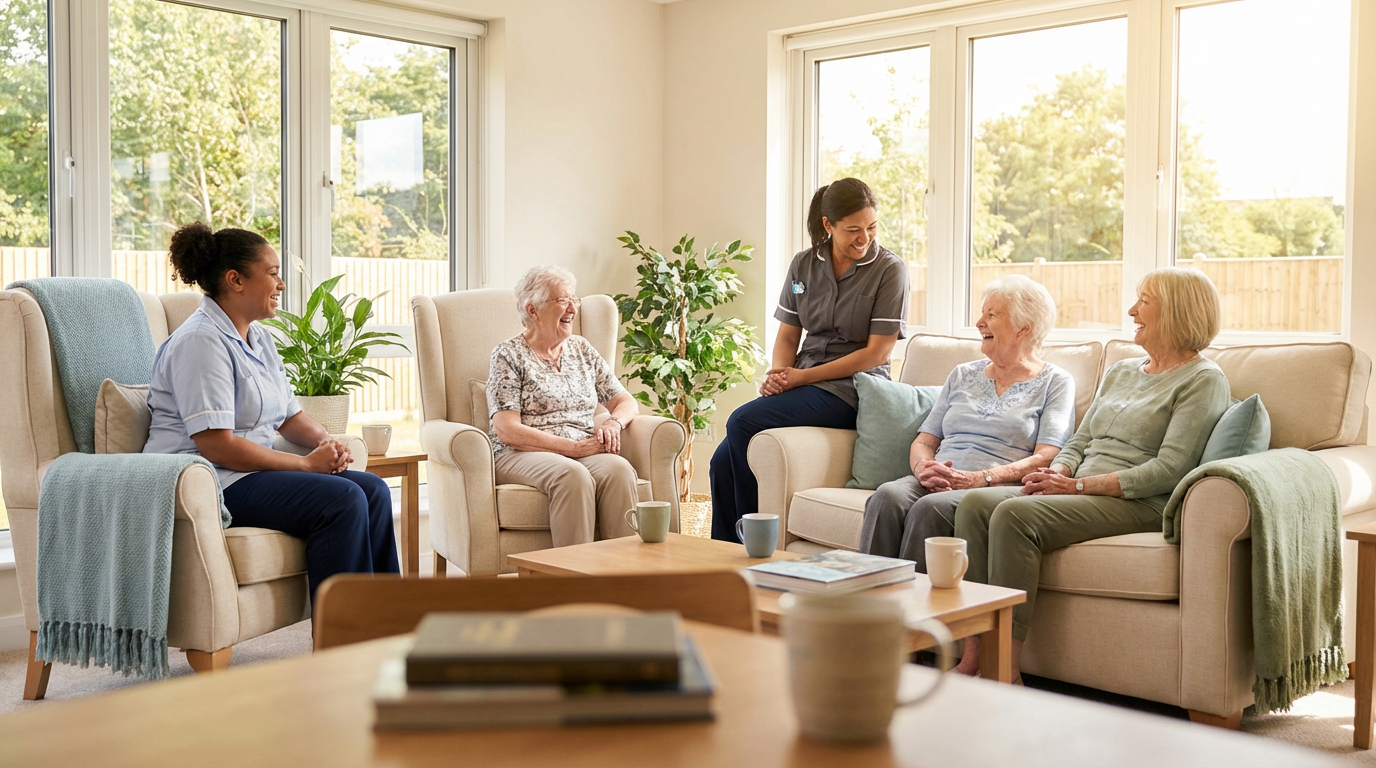 Happy residents and staff in a group home